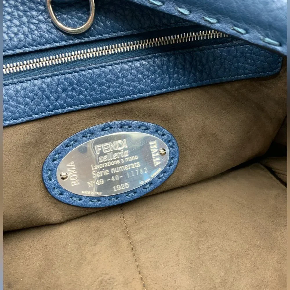 Auth Fendi Cuoio Romano Blue Selleria cLeather 2way Anna Bucket Bag Hobo Shopper